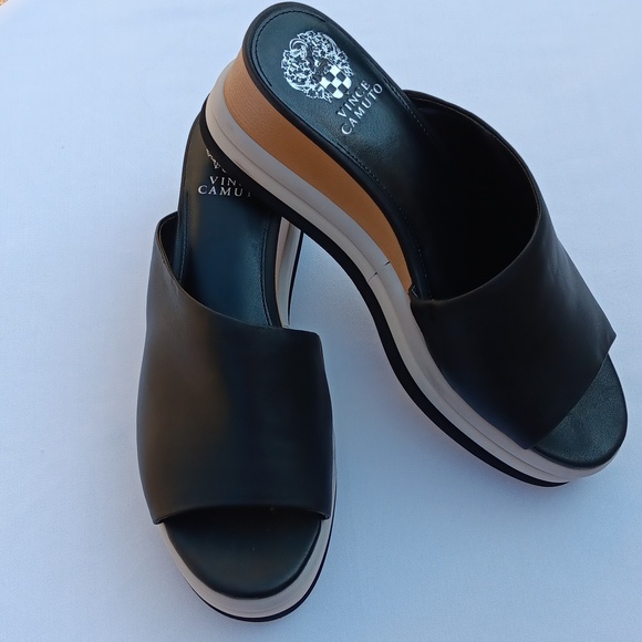 VINCE CAMUTO Women's Pendrea Leather Black Wedge Sandals- 9.5M - Picture 2 of 9